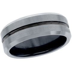 Men's Ring - Polished Silver and Black Stripe Tungsten, Size 9 | SW-2077-9
