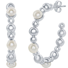 Classic Women's Earrings - Sterling Silver White FWP and Beaded 30mm Hoop | D-7829