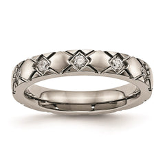 Titanium Polished Criss Cross Grooved CZ Ring | TB485