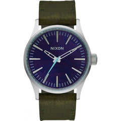 Nixon Unisex Watch - Sentry Silver Tone Case Blue Dial Green Leather Strap | A377-2302
