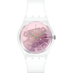 Swatch Women's Watch - Monthly Drops Pink Disco Fever Transparent Rubber Strap | GE290