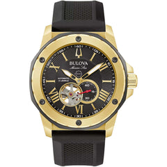 Bulova Men's Watch - Marine Star Automatic Black Dial Yellow Gold Case | 98A272