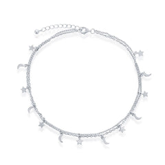 Classic Women's Anklet - Sterling Silver Moon and Star Double Strand | R-9262