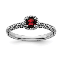 Sterling Silver Stackable Expressions Checker-cut Garnet Antiqued Ring | QSK742