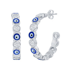 Classic Women's Earrings - Alternating CZ and Navy Blue Enamel Evil Eye Hoop | D-8352