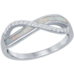 Sterling Silver CZ and White Inlay Opal Infinity Ring
