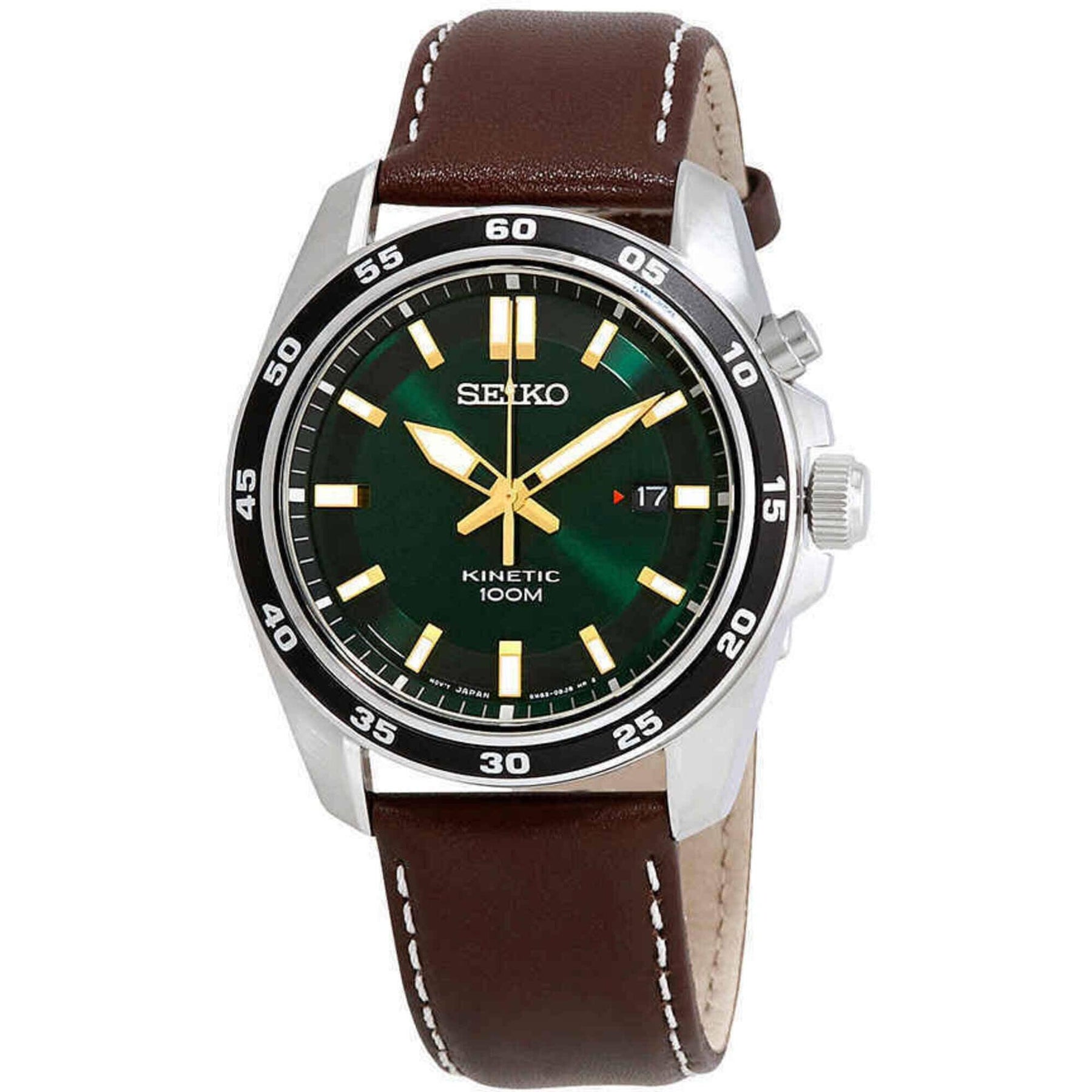 Seiko Men's Watch - Kinetic Green Dial Brown Genuine Leather Strap
