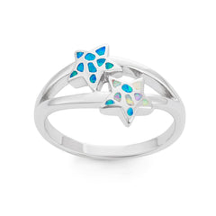 Sterling Silver Blue Inlay Opal Double Starfish Ring - W-1518