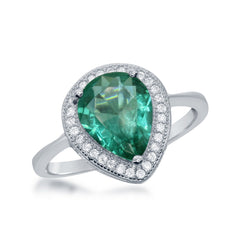 Sterling Silver CZ Border Teardrop Emerald Ring - W-1757