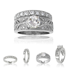 Sterling Silver Designed Clear CZ Ring Wedding Band - W-8035
