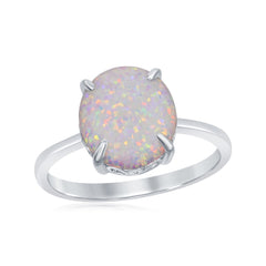 Sterling Silver Four-Prong White Inlay Opal Oval Ring - W-1850