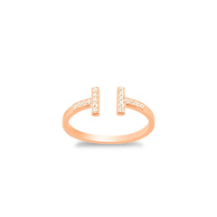 Sterling Silver Rose Gold Plated CZ Double T Ring - W-1320
