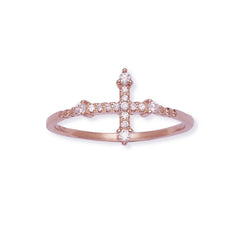 Sterling Silver Rose GP CZ Micro Pave Cross Ring - W-1293
