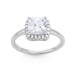Sterling Silver Square CZ with Clear CZ Border Ring - W-1530