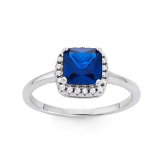 Sterling Silver Square Dark Blue CZ with Clear CZ Ring - W-1531