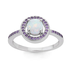 Sterling Silver White Opal Circle with Amethyst CZ Ring - W-1517