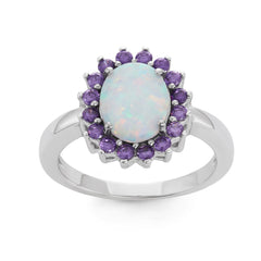 Sterling Silver White Opal Oval with Amethyst CZ Ring - W-1509