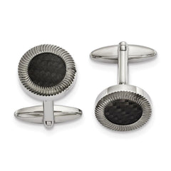 Stainless Steel Polished Black Carbon Fiber Inlay Cufflinks