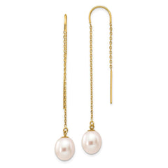 14k 7-8mm White Rice Freshwater Cultured Pearl Dangle Threader Earrings