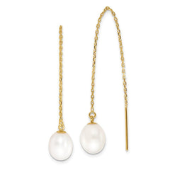 14k 7-8mm White Rice FW Cultured Pearl Cable Chain Threader Earrings
