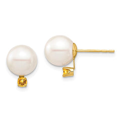 14K 8-8.5mm White Round Freshwater Cultured Pearl Citrine Post Earrings