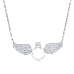 Sterling Silver Angel Wings with Center Engagement Ring Necklace