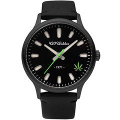 420Waldos Men's Watch - Bud Stainless Steel Case Black Genuine Leather Strap | W1003