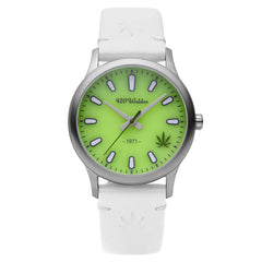 420Waldos Women's Quartz Watch - Mary Jane Green Dial White Leather Strap | W2017