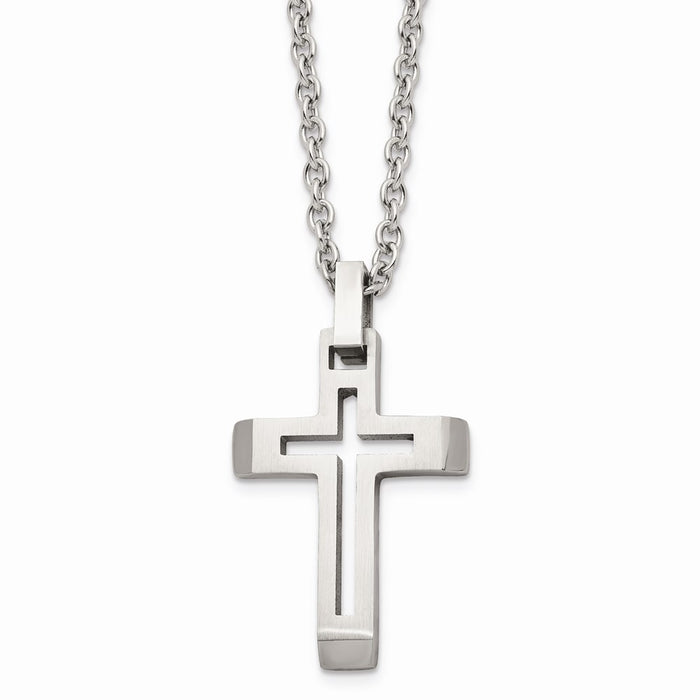 Chisel Men's Stainless Steel Polished and Brushed Cut-out Cross Necklace