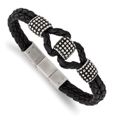 Stainless Steel Antiqued & Polished Black Leather w/.5in ext 8in Bracelet
