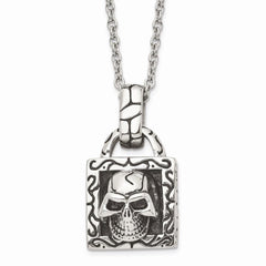 Stainless Steel Polished and Antiqued Skull Necklace