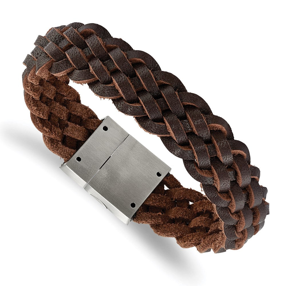 Chisel Men's Stainless Steel Brushed Brown Leather Braided Bracelet