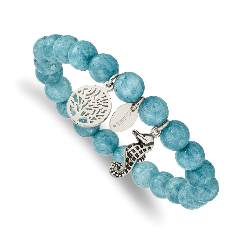 Chisel Stainless Steel Antiqued & Polished Seahorse Blue Dyed Jade Stretch Bracelet