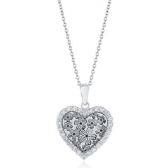 Sterling Silver CZ Border Heart with Flower Design Necklace