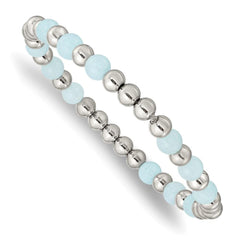 Stainless Steel Polished Light Blue Quartz Beaded Stretch Bracelet