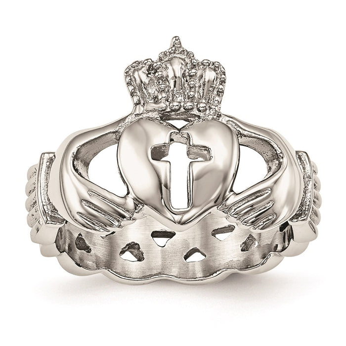 Chisel Stainless Steel Polished Claddagh with Cross Ring