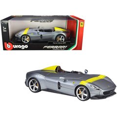 Bburago 1/18 Diecast Model Car - Ferrari Monza SP1 Silver Metallic Yellow Stripes