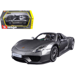 Bburago 1/24 Scale Diecast Model Car - Porsche 918 Spyder Rubber Tires Gray Metallic