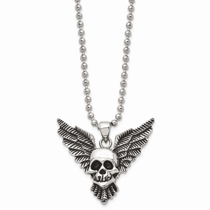 Chisel Men's Stainless Steel Antiqued Skull with Wings Polished Necklace
