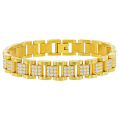 Men's Bracelet - YG Plated Stainless Steel CZ Pave Square Link | ST-1614