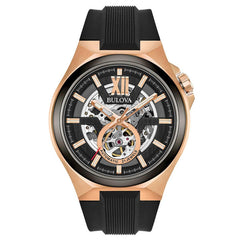 Bulova 98A177 Men's Automatic Semi-Skeleton Black Dial Silicone Strap Power Reserve Watch