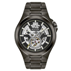 Bulova 98A179 Men's Automatic Semi-Skeleton Black Dial Power Reserve Gunmetal Steel Bracelet Watch