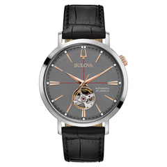 Bulova 98A187 Men's Classic Automatic Grey Semi-Skeleton Dial Black Leather Strap Watch