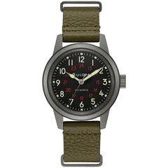 Bulova Men's Automatic Watch - Hack Black Dial Green Leather Strap | 98A255