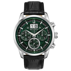 Bulova Men's Chronograph Watch - Classic Green Dial Black Leather Strap | 96B310