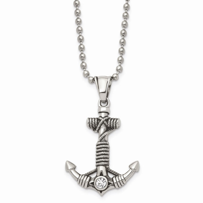 Chisel Men's Stainless Steel Polished and Antiqued w/ CZ Anchor Necklace