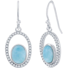 Women's Earrings - Sterling Silver Oval Larimar with CZ | D-7874