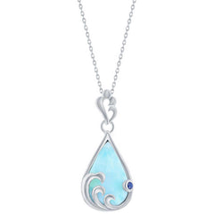 Women's Necklace - Larimar and Blue CZ Pearshaped Wave | M-6909