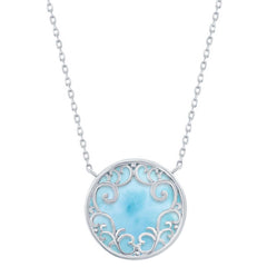 Women's Necklace - Silver Round Larimar Filigree Design | M-6695