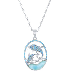 Women's Pendant - Silver Blue CZ Dolphins and Larimar | K-8294